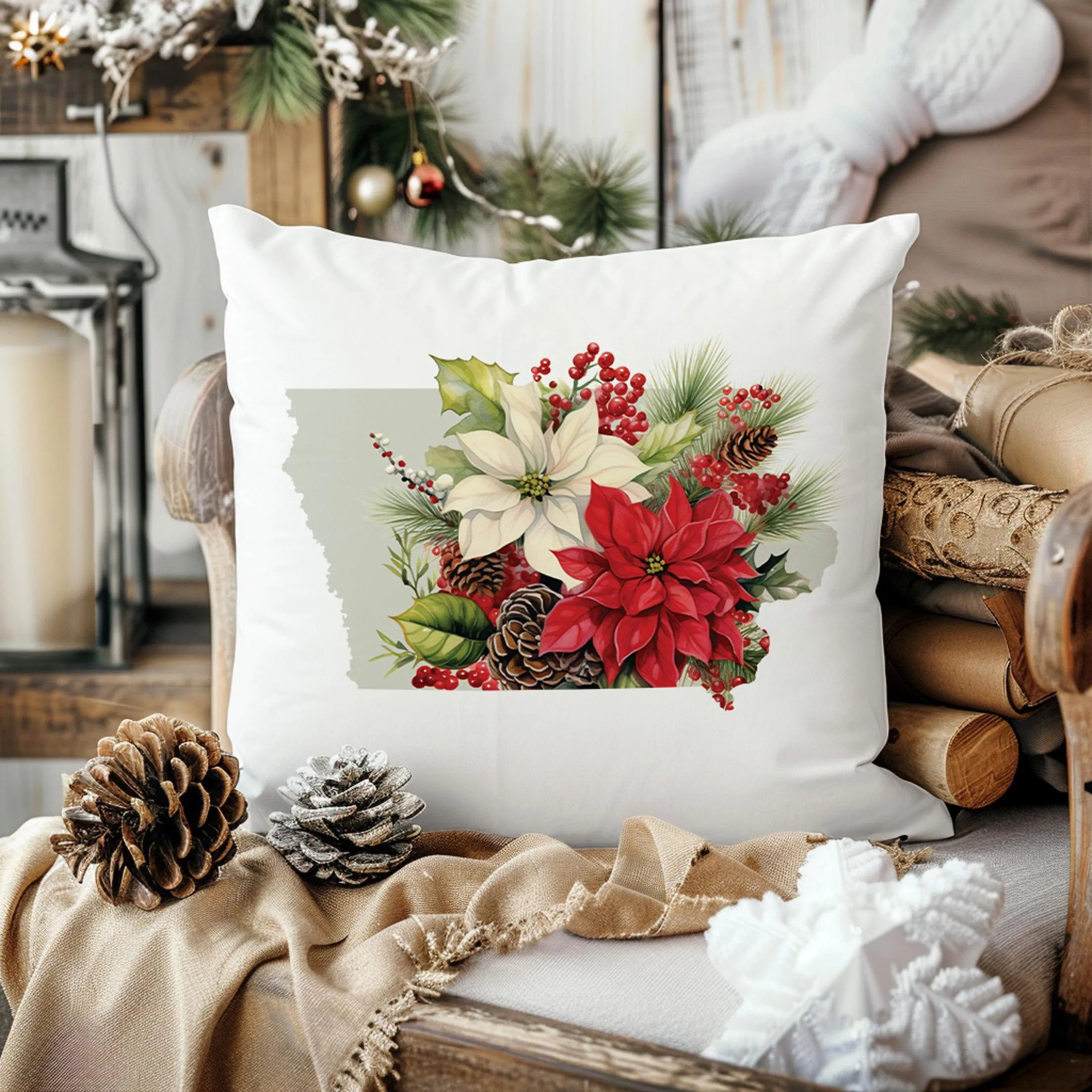 Iowa Christmas Pillow - 18x18 Square Decorative Pillow with Holiday Florals & Festive Plaid Design