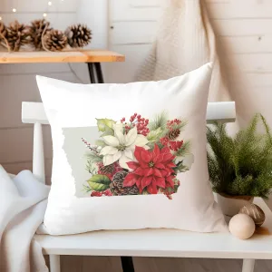 Iowa Christmas Pillow - 18x18 Square Decorative Pillow with Holiday Florals & Festive Plaid Design