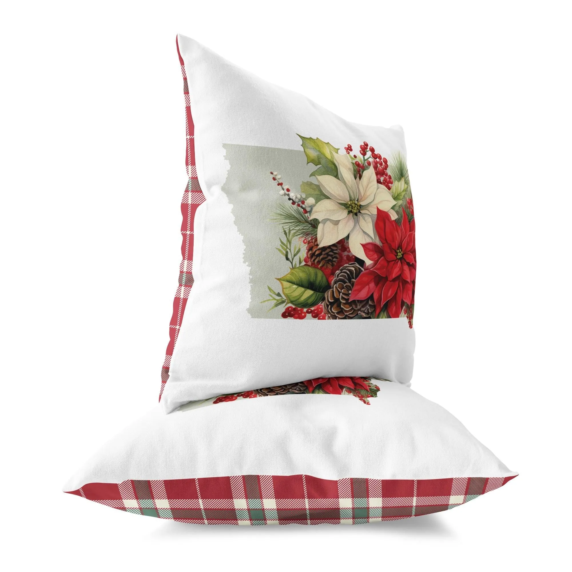 Iowa Christmas Pillow - 18x18 Square Decorative Pillow with Holiday Florals & Festive Plaid Design