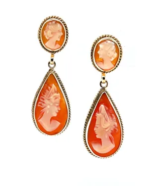 Italian Shell Pear Shaped Cameo Yellow Gold Dangle Drop Earrings