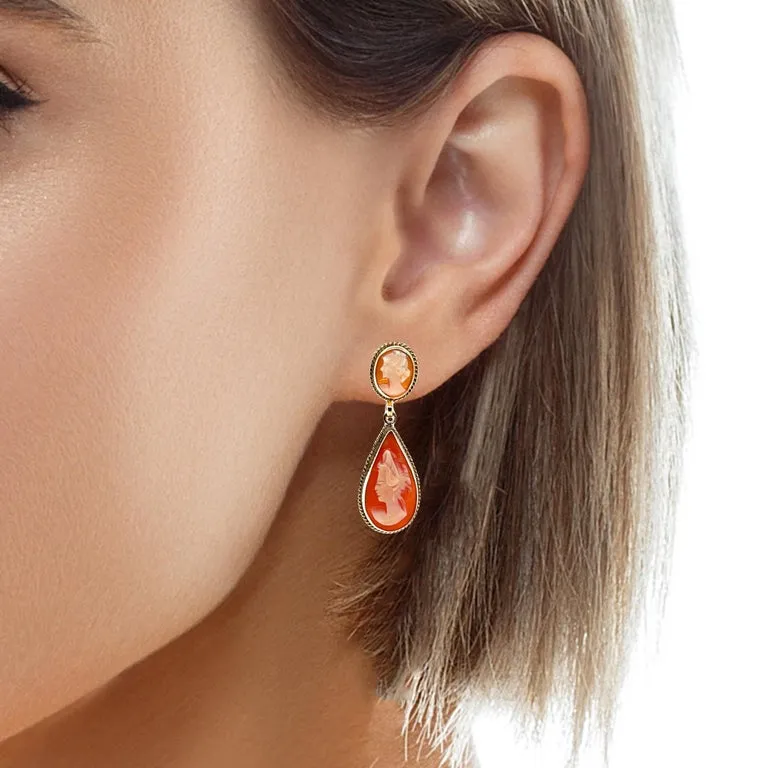 Italian Shell Pear Shaped Cameo Yellow Gold Dangle Drop Earrings