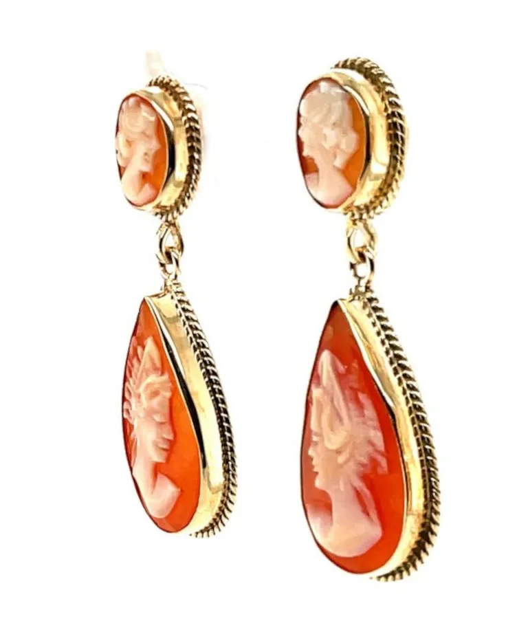 Italian Shell Pear Shaped Cameo Yellow Gold Dangle Drop Earrings
