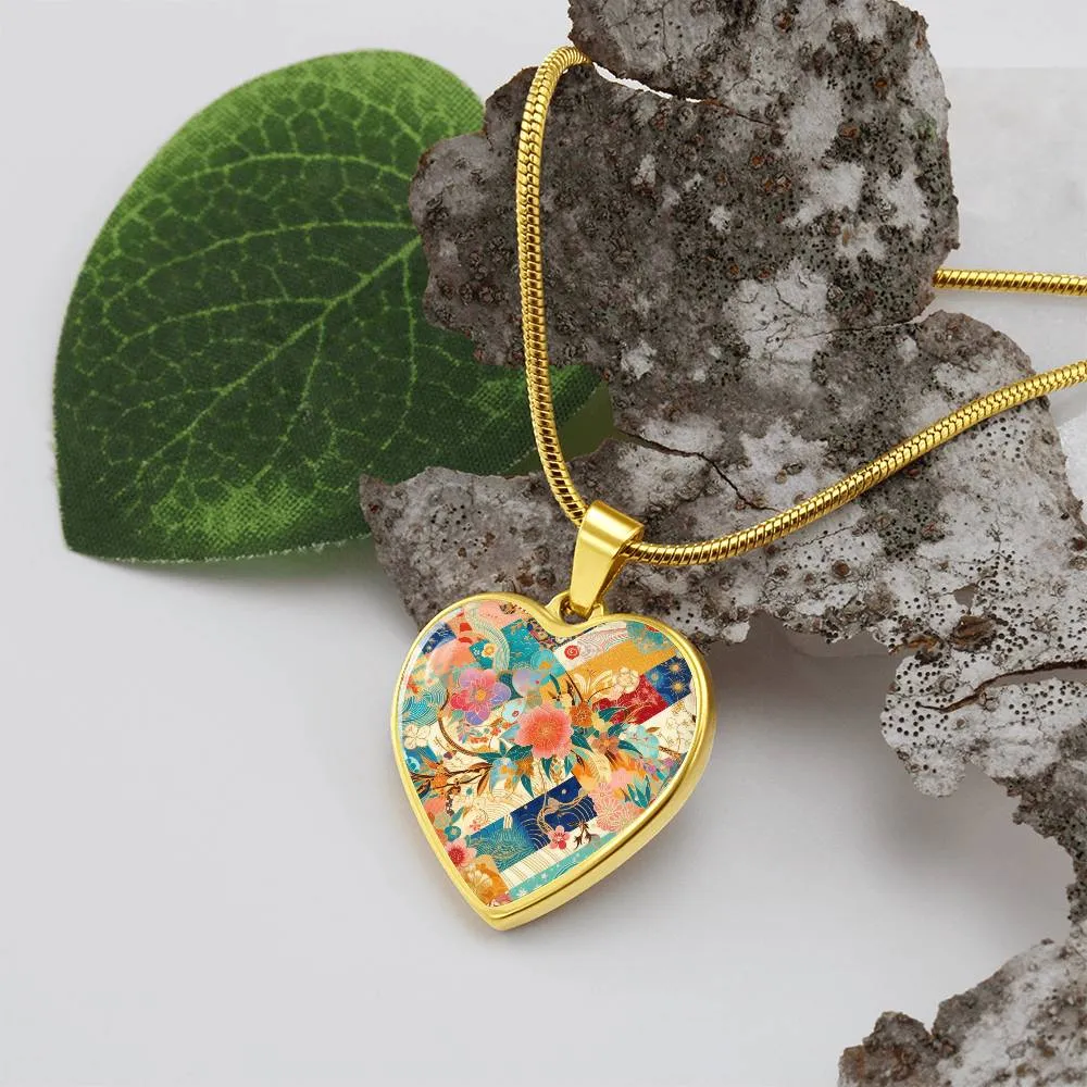 Japanese Kimono Patchwork Heart Pendant - Gold-Plated Necklace, Artistic Floral Design, Customizable Jewelry Gift for Her
