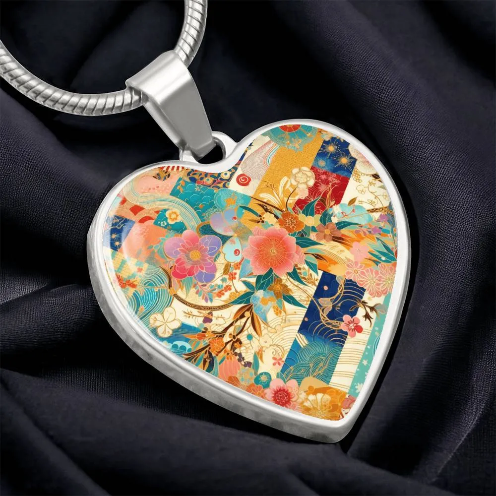 Japanese Kimono Patchwork Heart Pendant - Gold-Plated Necklace, Artistic Floral Design, Customizable Jewelry Gift for Her