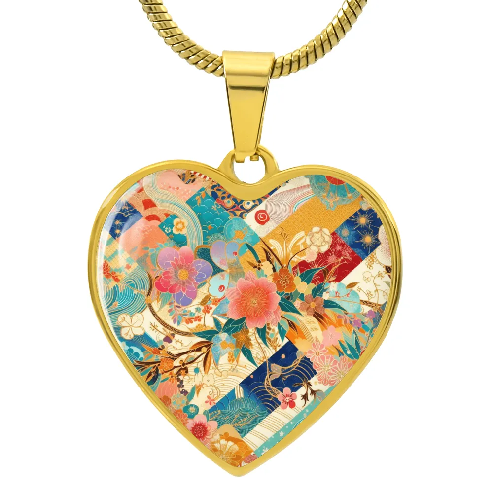 Japanese Kimono Patchwork Heart Pendant - Gold-Plated Necklace, Artistic Floral Design, Customizable Jewelry Gift for Her