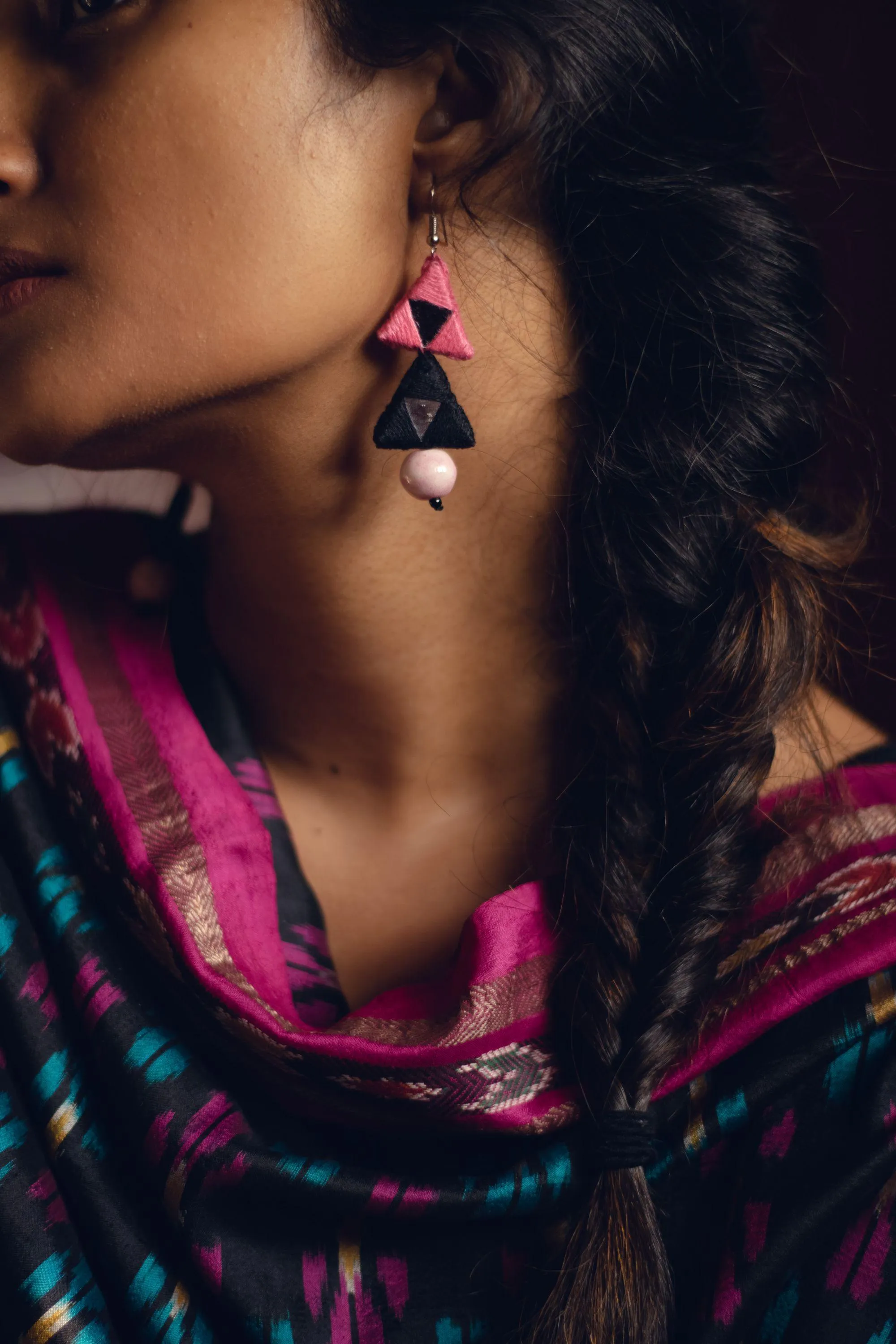 Kaisori blue pottery jewellery - Triad thread earrings - pink and white