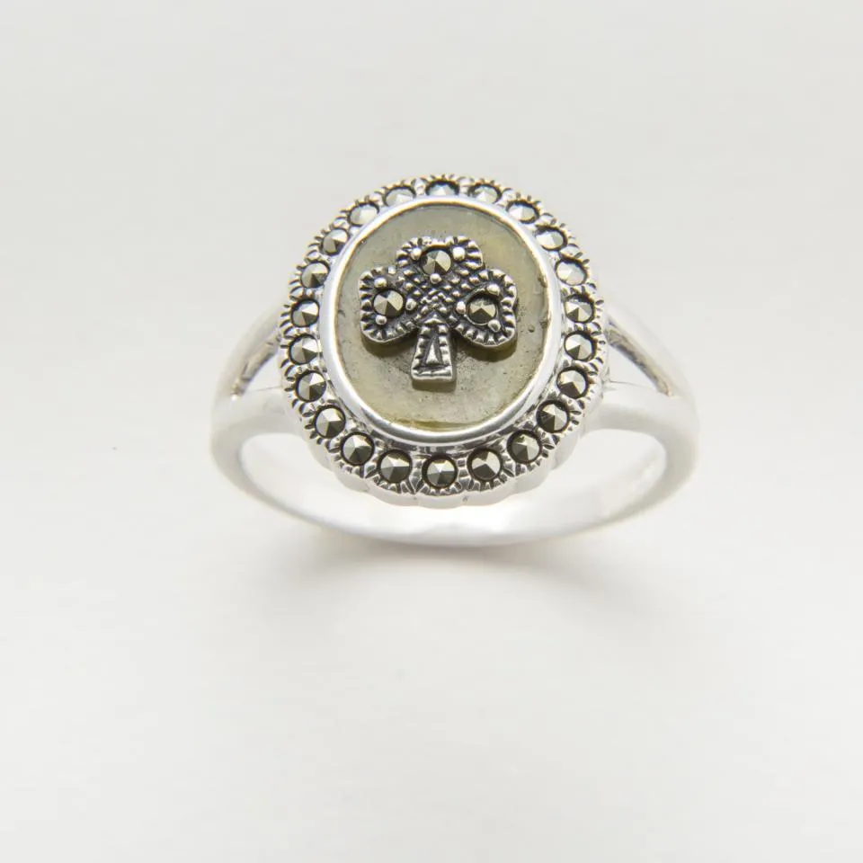 Ladies Sterling Silver Connemara Marble Shamrock with Marcasite