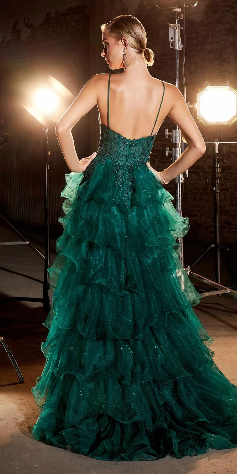 Ladivine CC2998 Long Tiered Emerald Ball Gown Lace Detailing