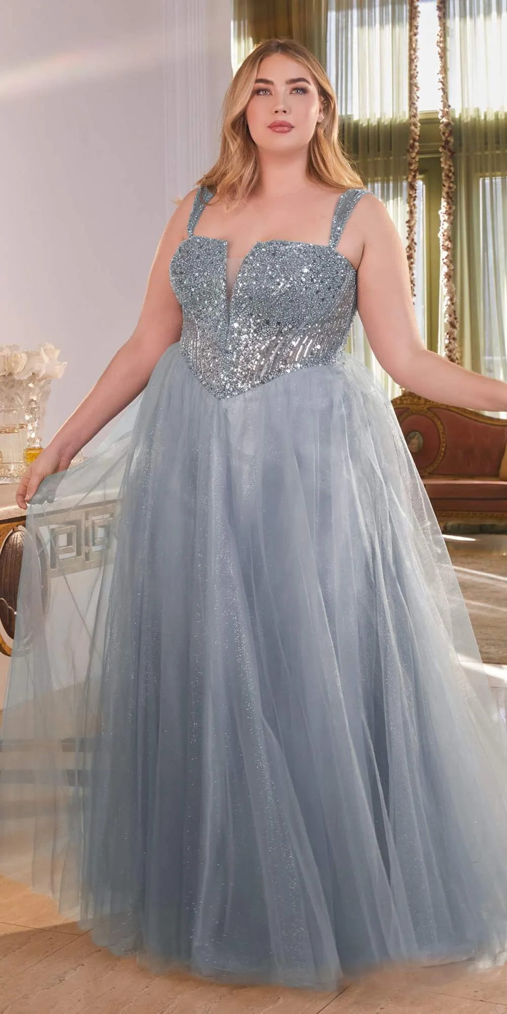 Ladivine CD0217 Long A-Line Strapless Sequin Bodice Glitter Tulle Skirt Dress