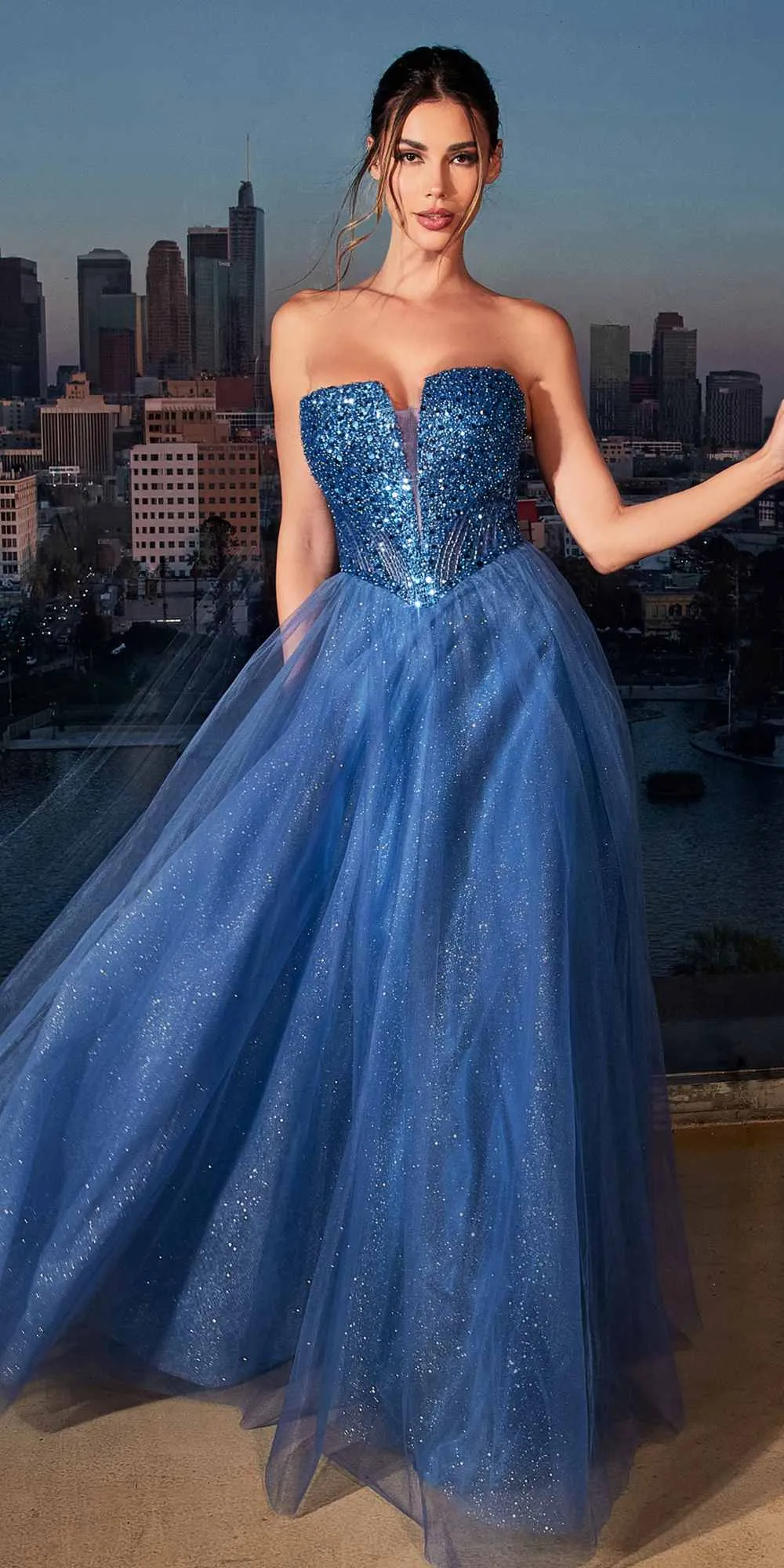 Ladivine CD0217 Long A-Line Strapless Sequin Bodice Glitter Tulle Skirt Dress