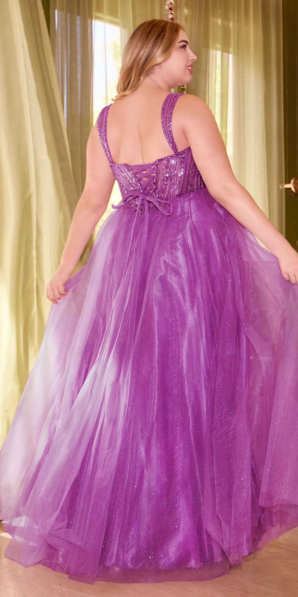 Ladivine CD0217 Long A-Line Strapless Sequin Bodice Glitter Tulle Skirt Dress