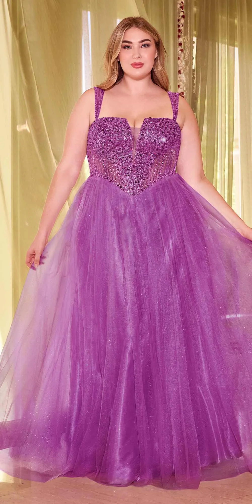 Ladivine CD0217 Long A-Line Strapless Sequin Bodice Glitter Tulle Skirt Dress