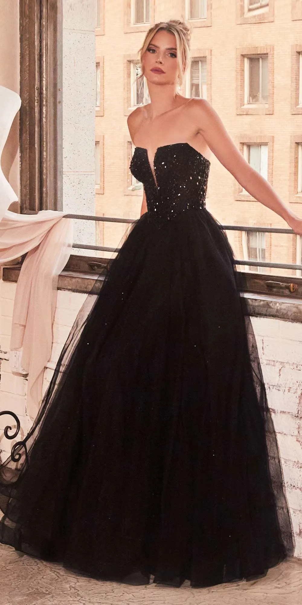 Ladivine CD0217 Long A-Line Strapless Sequin Bodice Glitter Tulle Skirt Dress