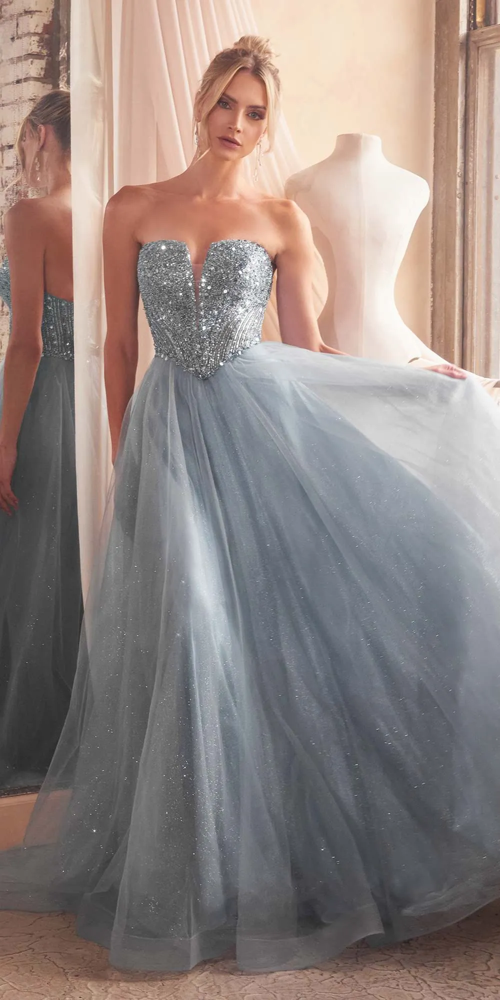 Ladivine CD0217 Long A-Line Strapless Sequin Bodice Glitter Tulle Skirt Dress