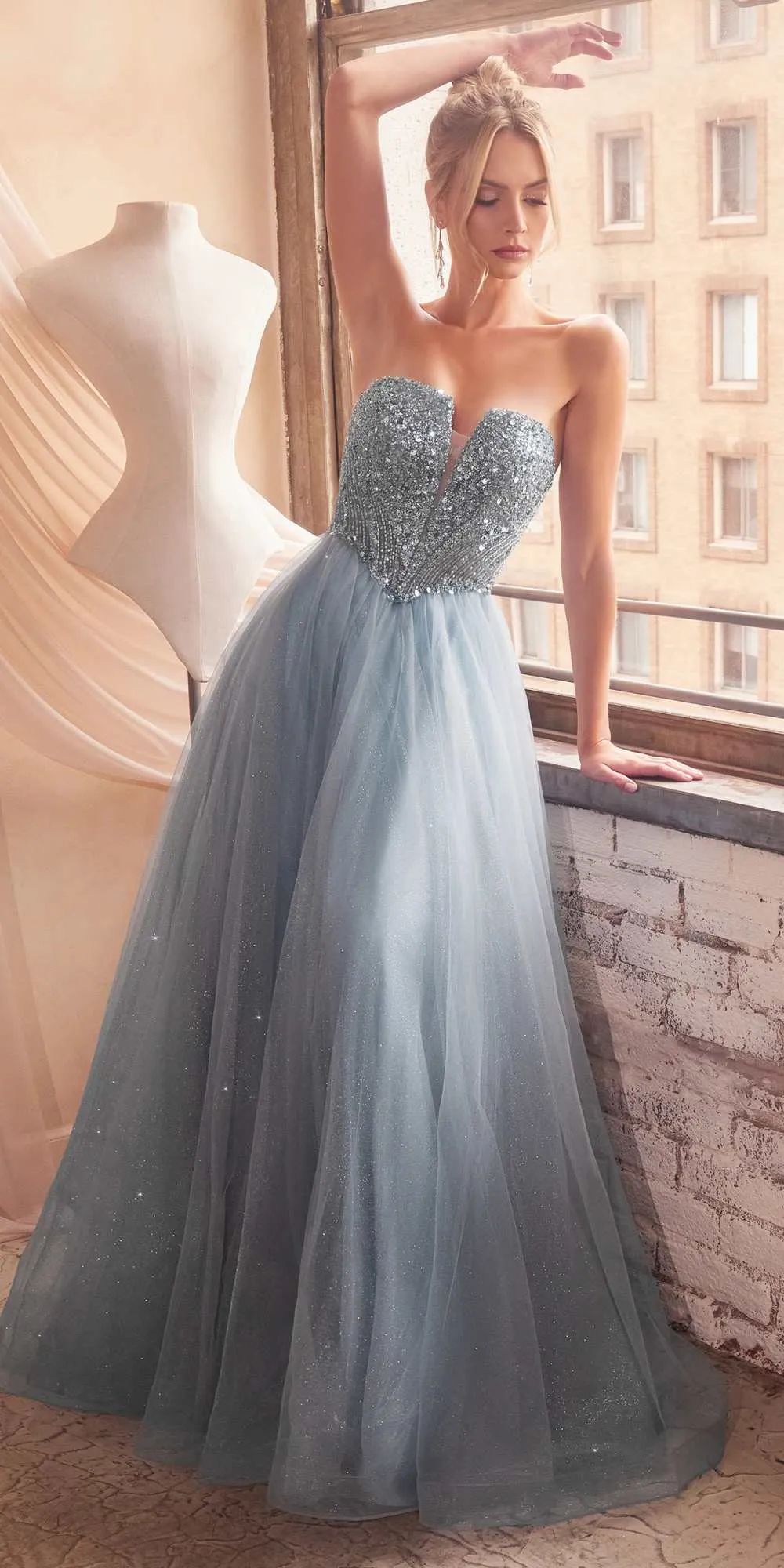 Ladivine CD0217 Long A-Line Strapless Sequin Bodice Glitter Tulle Skirt Dress