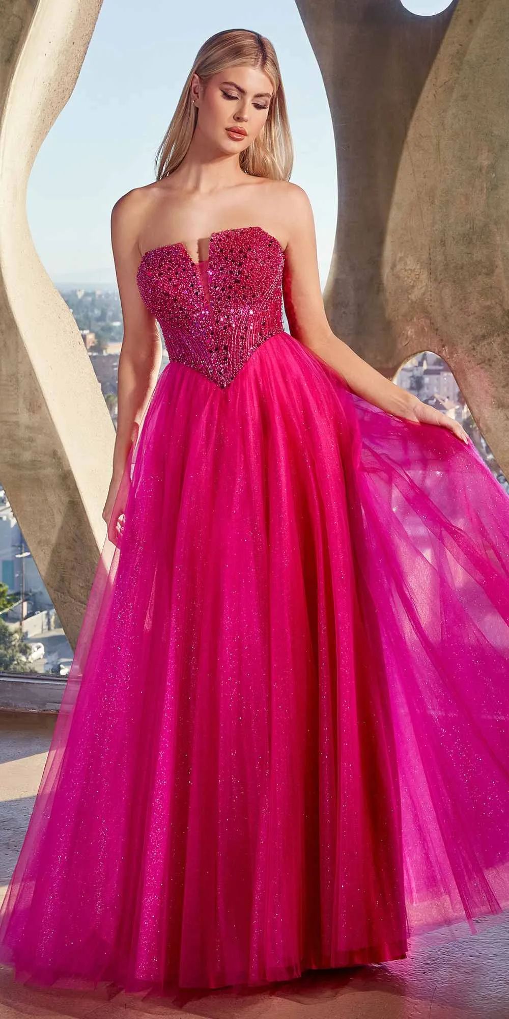 Ladivine CD0217 Long A-Line Strapless Sequin Bodice Glitter Tulle Skirt Dress
