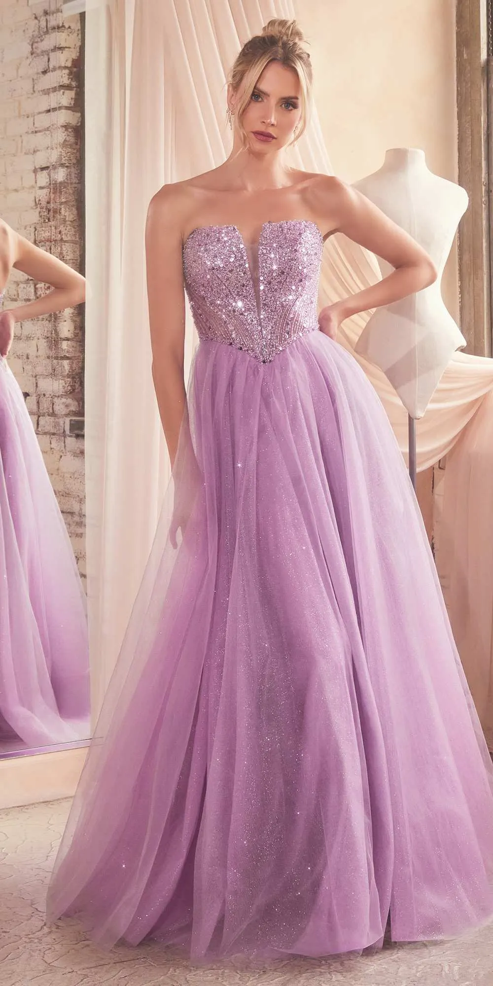 Ladivine CD0217 Long A-Line Strapless Sequin Bodice Glitter Tulle Skirt Dress