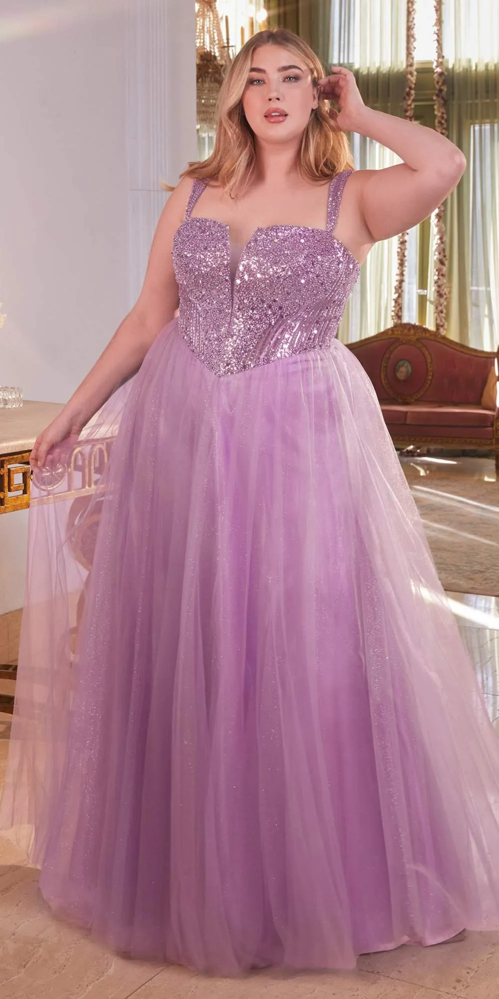 Ladivine CD0217 Long A-Line Strapless Sequin Bodice Glitter Tulle Skirt Dress