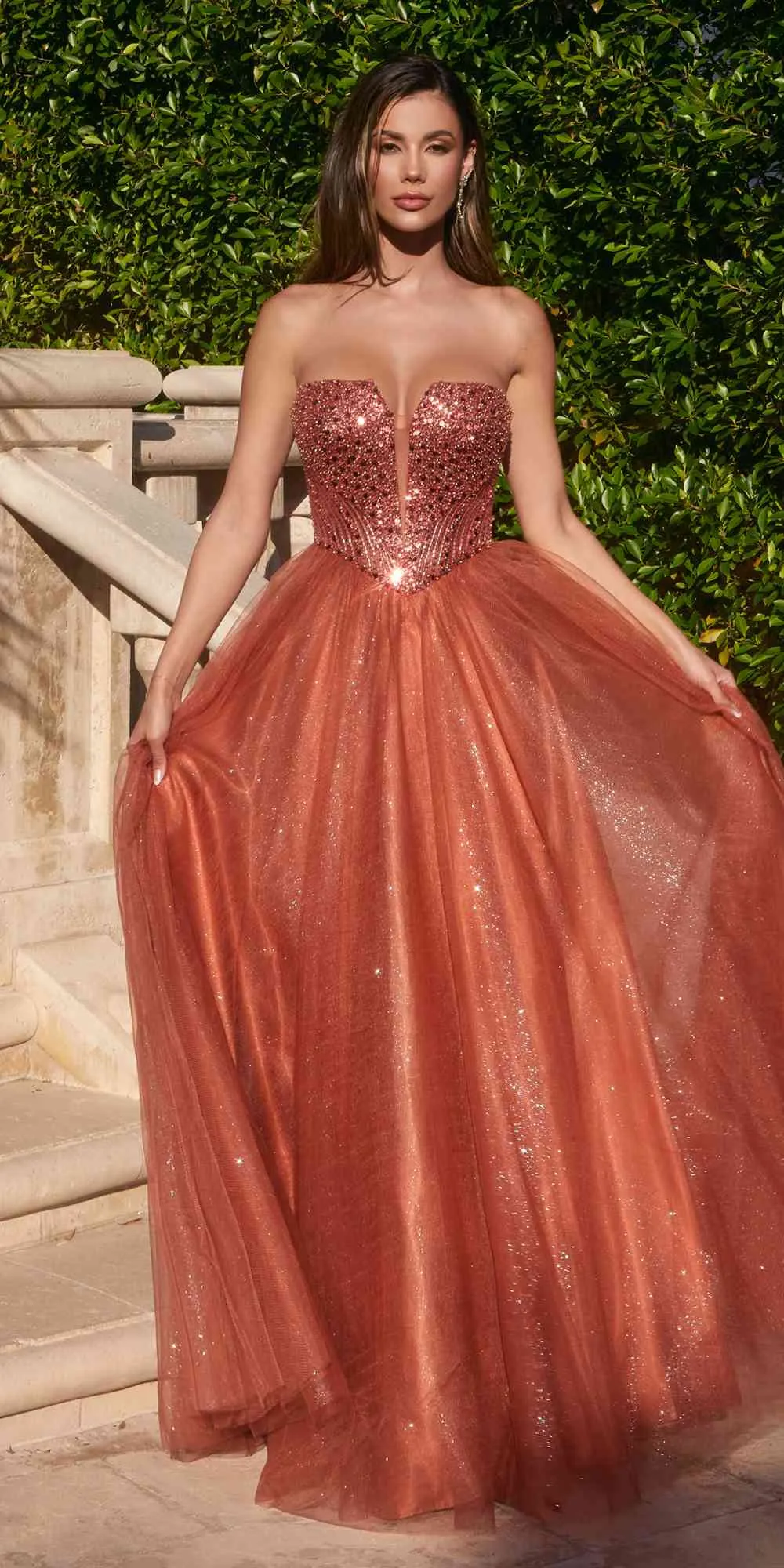 Ladivine CD0217 Long A-Line Strapless Sequin Bodice Glitter Tulle Skirt Dress