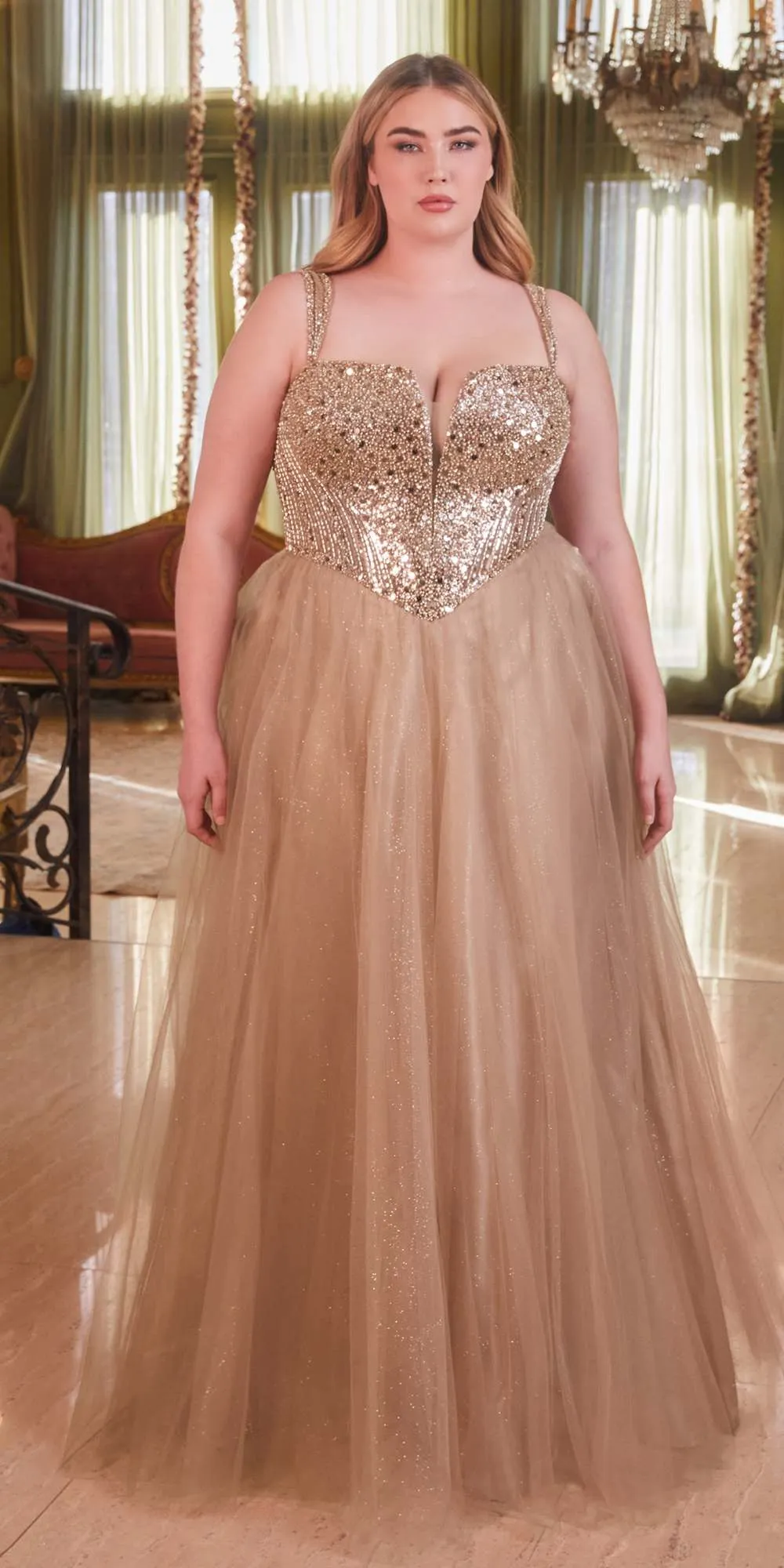 Ladivine CD0217 Long A-Line Strapless Sequin Bodice Glitter Tulle Skirt Dress