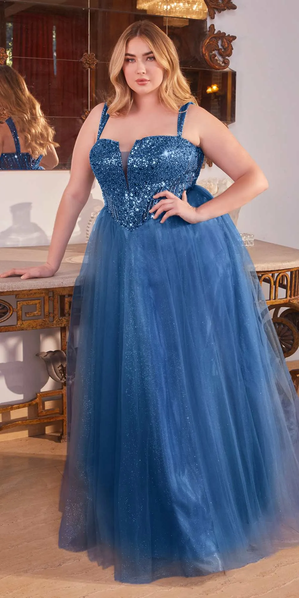 Ladivine CD0217 Long A-Line Strapless Sequin Bodice Glitter Tulle Skirt Dress