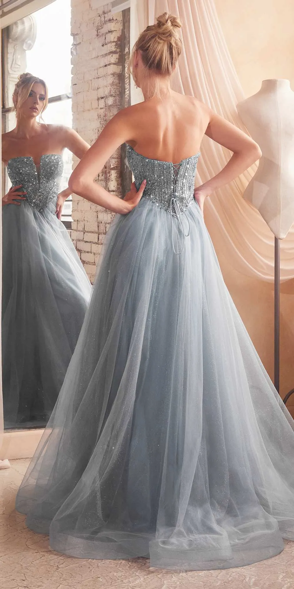 Ladivine CD0217 Long A-Line Strapless Sequin Bodice Glitter Tulle Skirt Dress