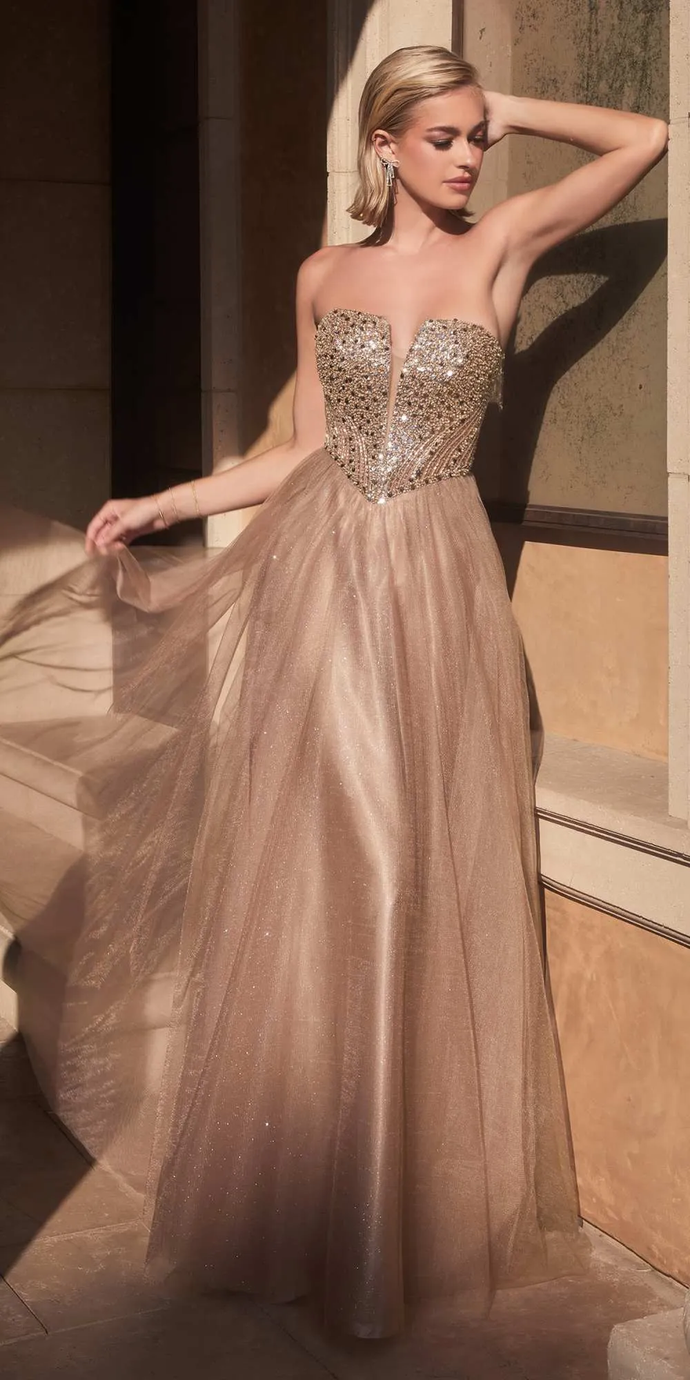 Ladivine CD0217 Long A-Line Strapless Sequin Bodice Glitter Tulle Skirt Dress