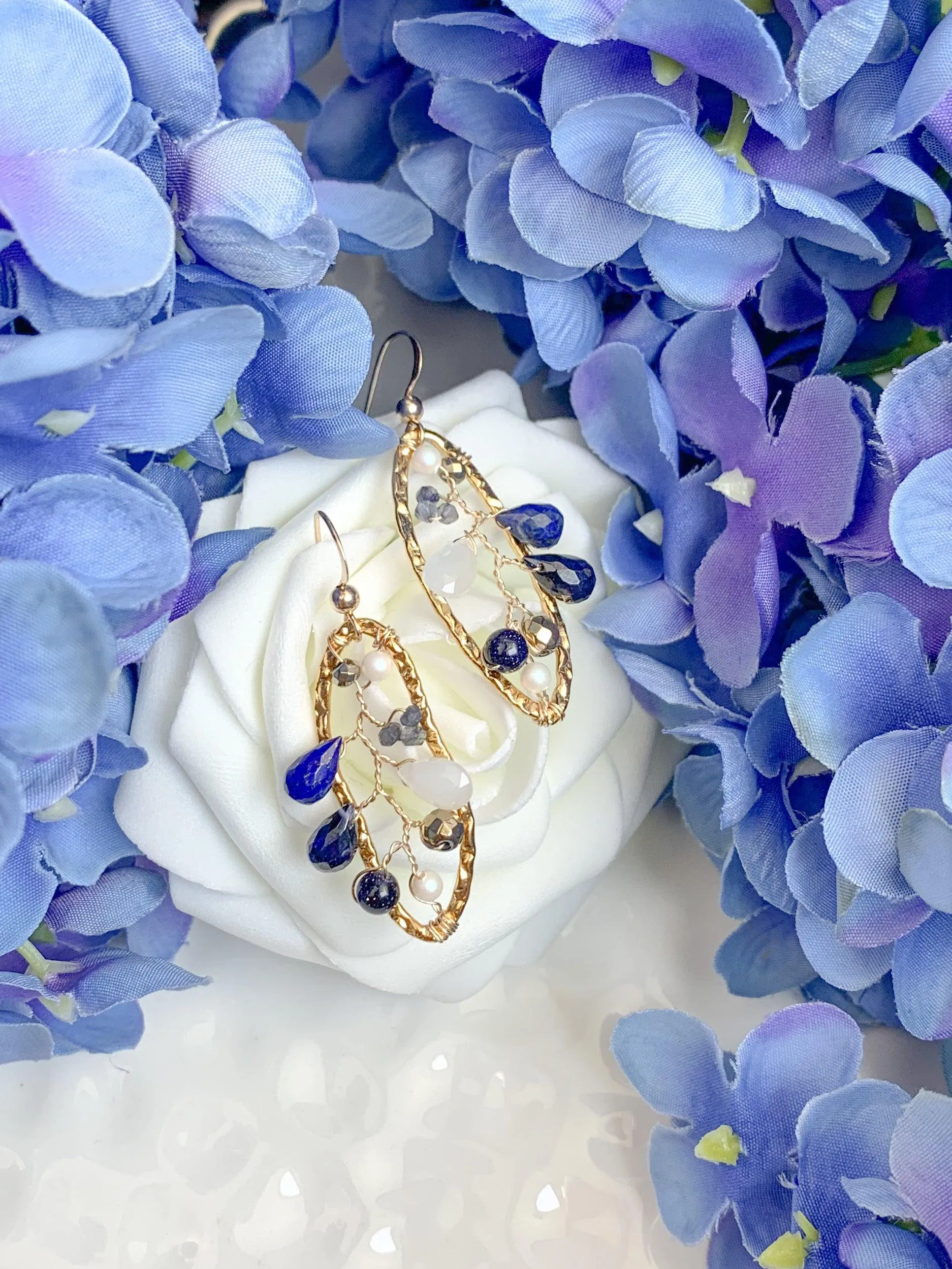 Lapis and Moonstone Filigree Earrings