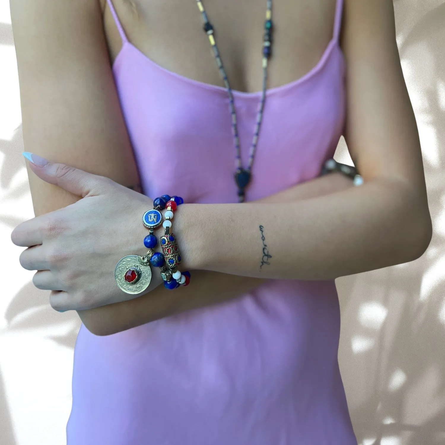 Lapis Lazuli Stone Tibetan Charms Unique Bracelet Set