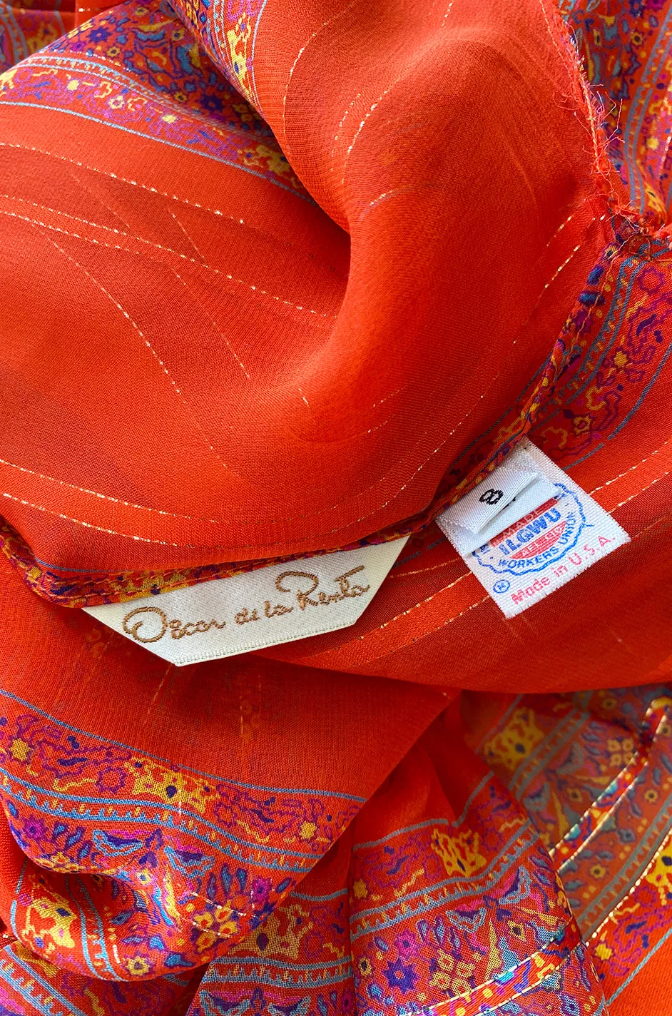 Late 1970s Oscar De La Renta Ribbon Silk Chiffon Four Piece Coral Skirt Set