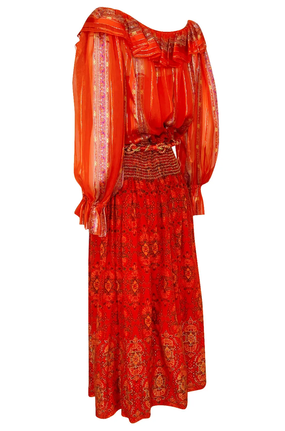 Late 1970s Oscar De La Renta Ribbon Silk Chiffon Four Piece Coral Skirt Set