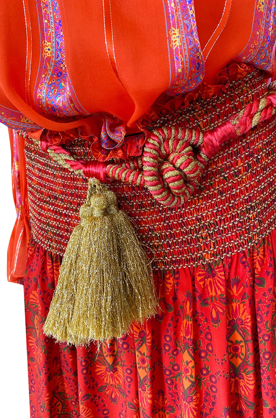 Late 1970s Oscar De La Renta Ribbon Silk Chiffon Four Piece Coral Skirt Set