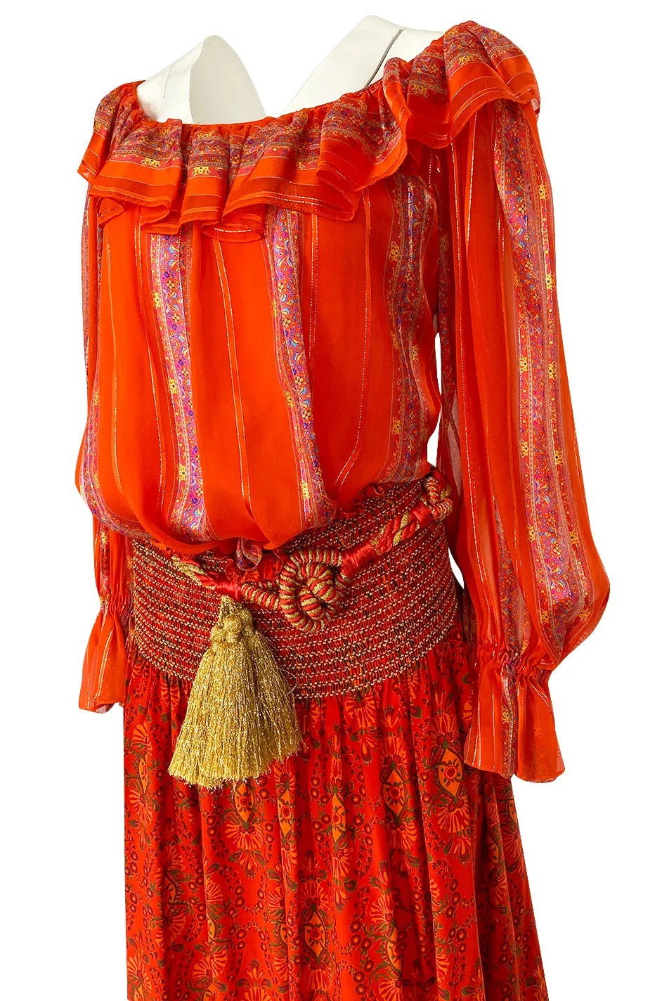 Late 1970s Oscar De La Renta Ribbon Silk Chiffon Four Piece Coral Skirt Set