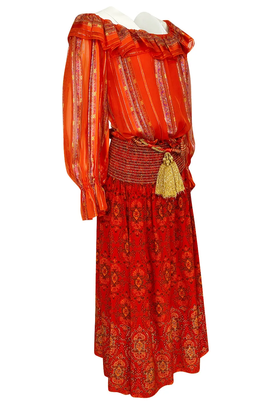 Late 1970s Oscar De La Renta Ribbon Silk Chiffon Four Piece Coral Skirt Set
