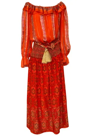 Late 1970s Oscar De La Renta Ribbon Silk Chiffon Four Piece Coral Skirt Set