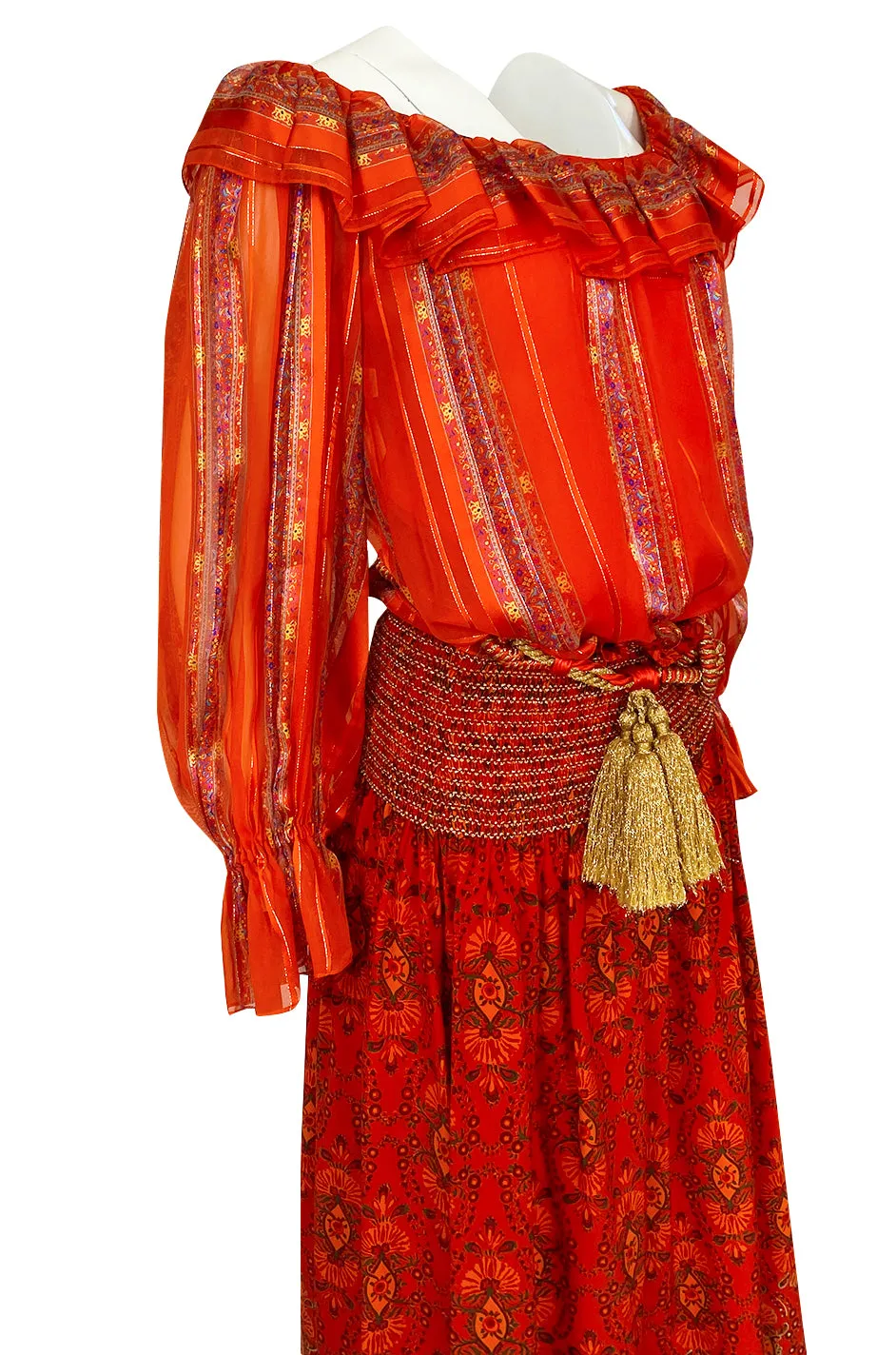 Late 1970s Oscar De La Renta Ribbon Silk Chiffon Four Piece Coral Skirt Set