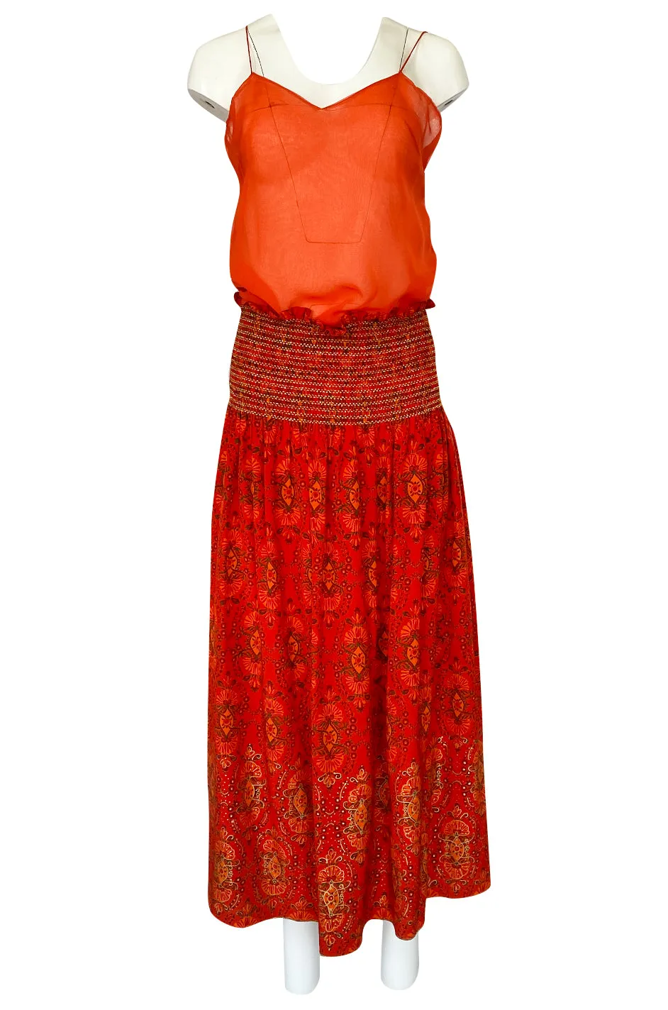 Late 1970s Oscar De La Renta Ribbon Silk Chiffon Four Piece Coral Skirt Set