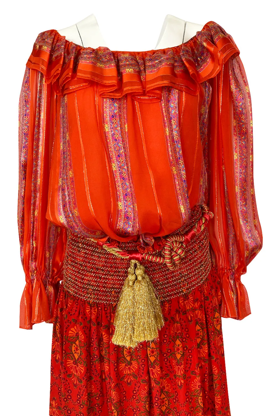 Late 1970s Oscar De La Renta Ribbon Silk Chiffon Four Piece Coral Skirt Set