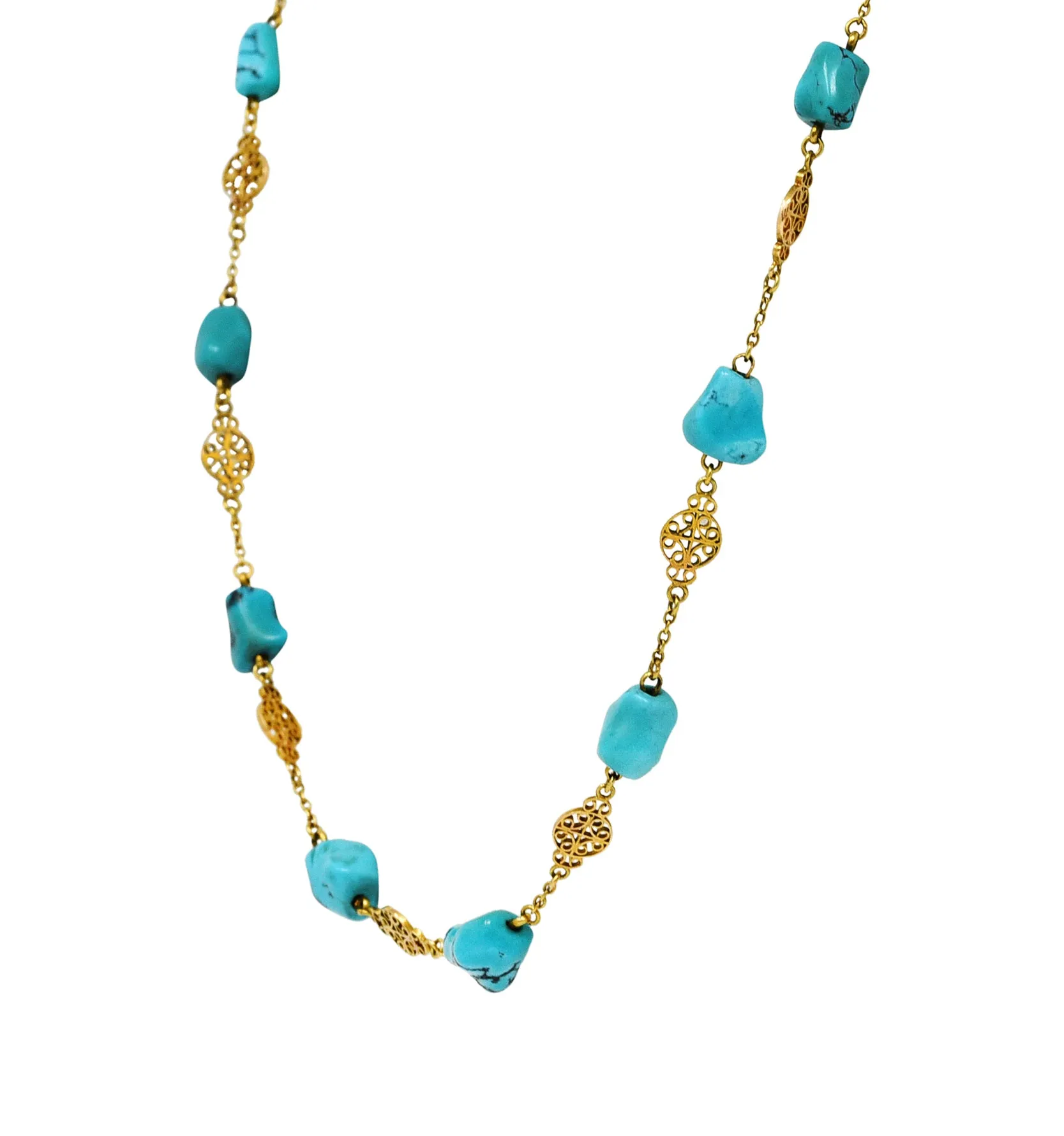 Late Victorian Turquoise 14 Karat Gold Station Necklace Circa 1900
