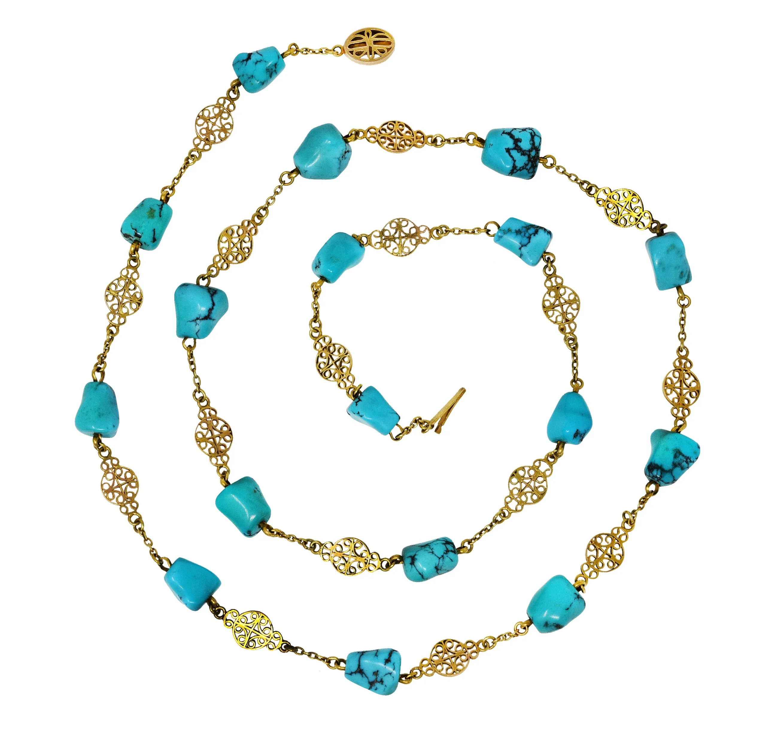 Late Victorian Turquoise 14 Karat Gold Station Necklace Circa 1900