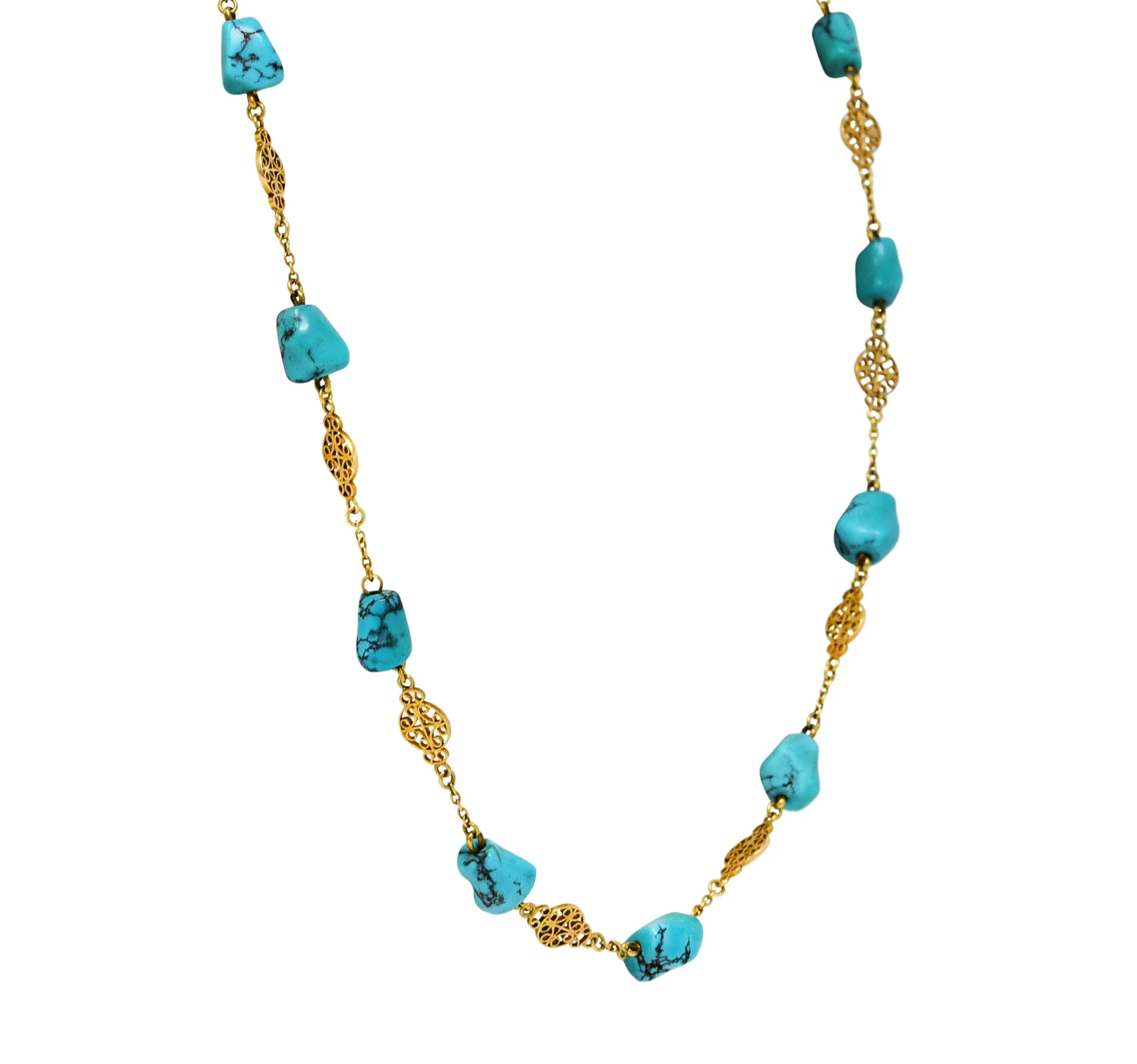 Late Victorian Turquoise 14 Karat Gold Station Necklace Circa 1900
