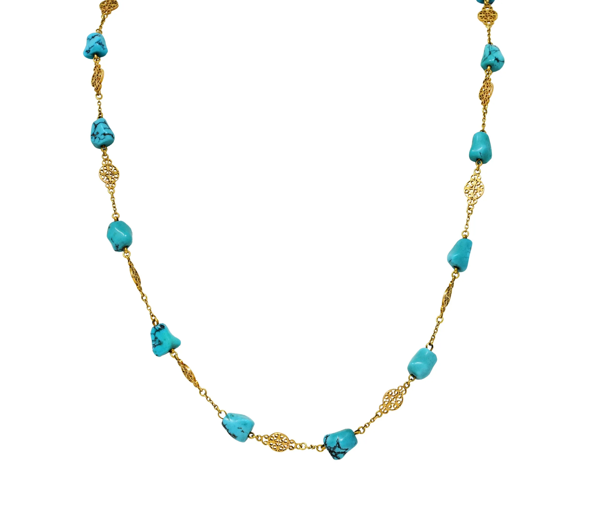 Late Victorian Turquoise 14 Karat Gold Station Necklace Circa 1900