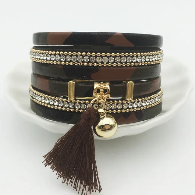 LEMOER Boho Multilayer Army Green Leather Tassel Bracelet magnet buckle Handmade Friendship Jewelry pulseira for Women men Gift