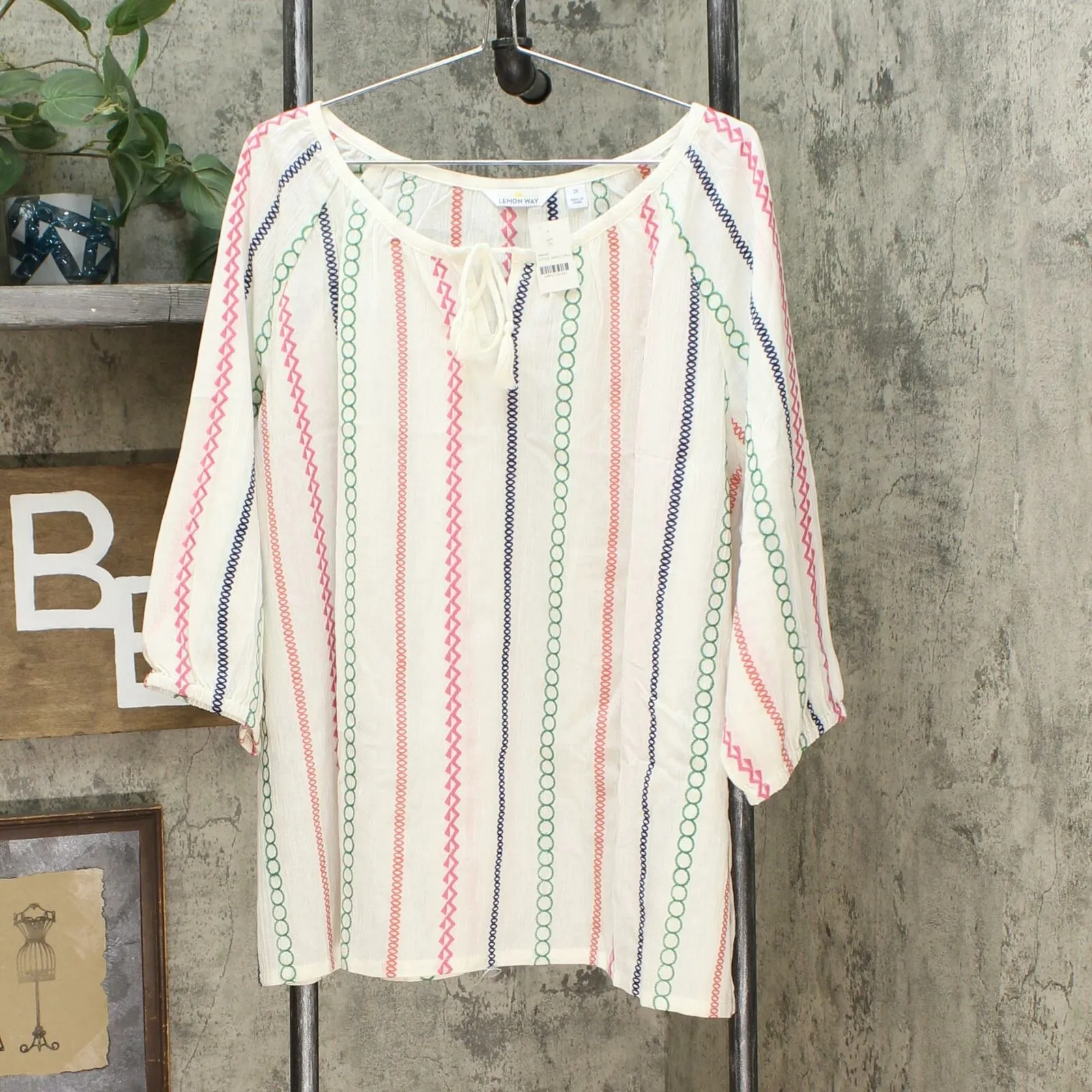 Lemon Way Women's Plus Size Tie Tassel Front Striped Peasant Blouse