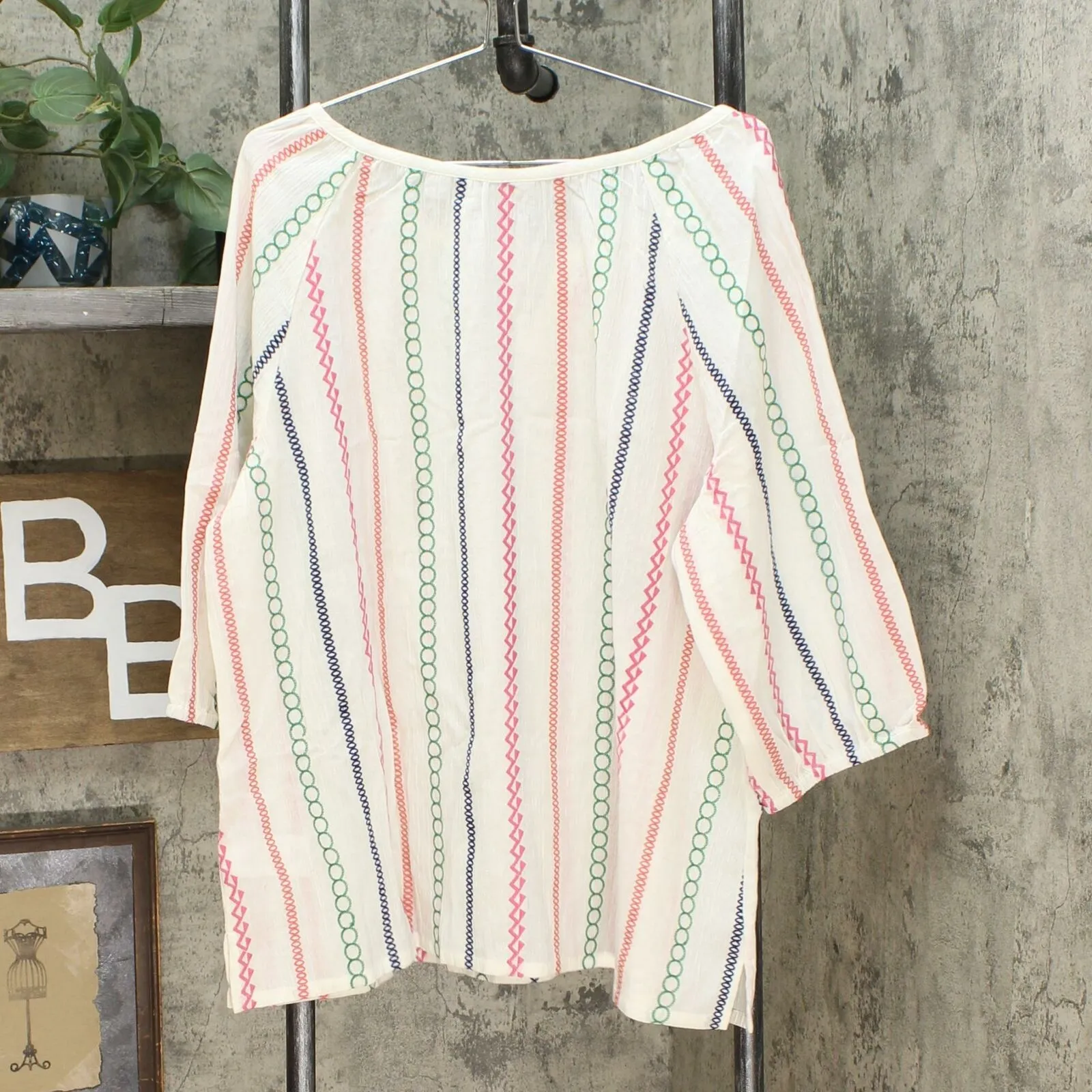 Lemon Way Women's Plus Size Tie Tassel Front Striped Peasant Blouse
