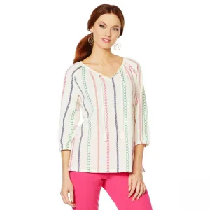 Lemon Way Women's Plus Size Tie Tassel Front Striped Peasant Blouse