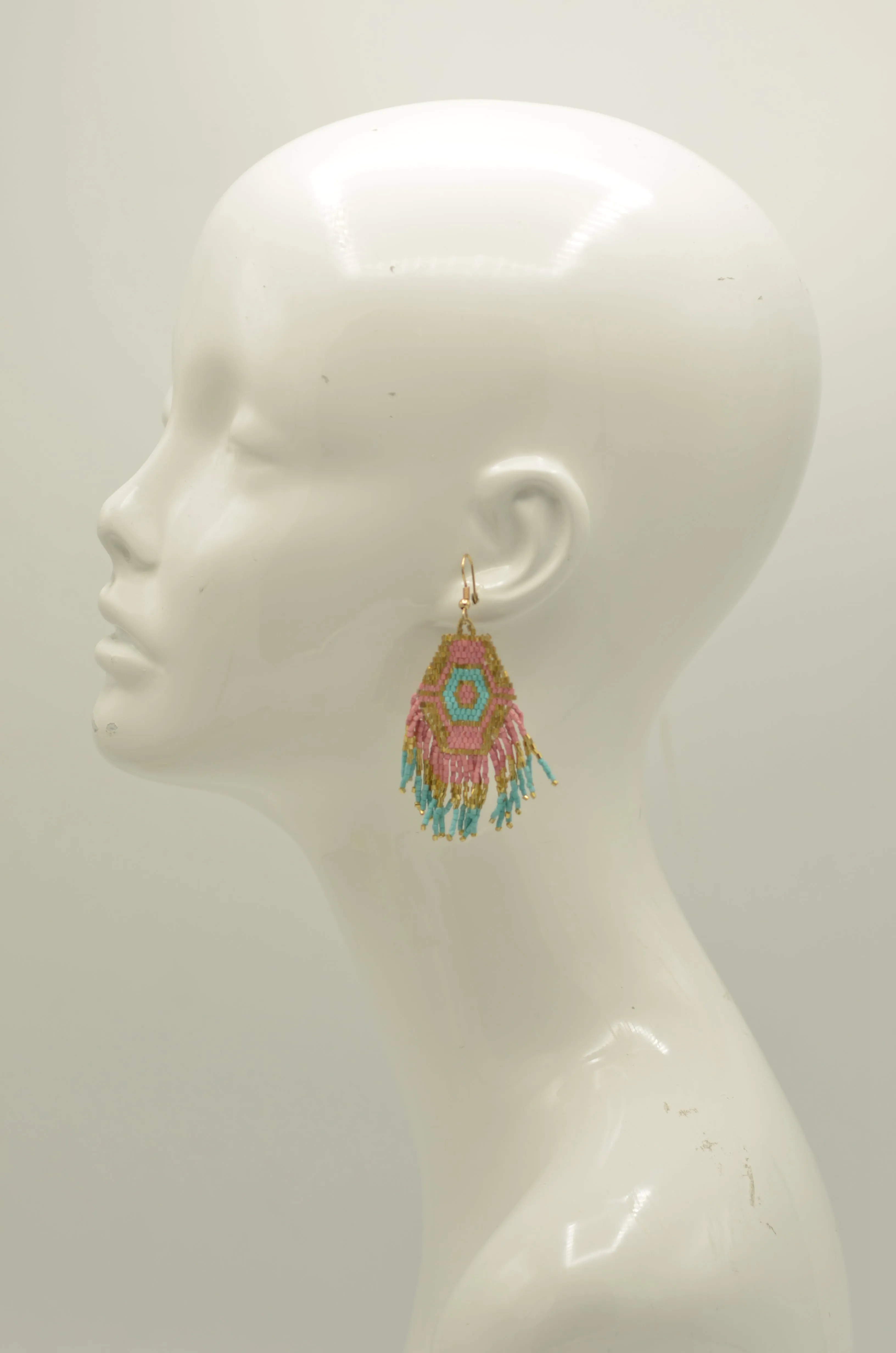 Light Pink and Turquoise Bohemian Seed Bead Tassel Earrings #ER-1181