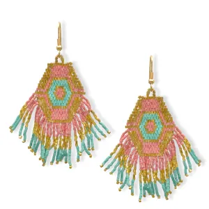 Light Pink and Turquoise Bohemian Seed Bead Tassel Earrings #ER-1181