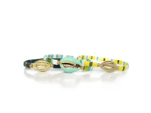 Light Turquoise Cowrie Shell Stretch Bracelet Set Of 3