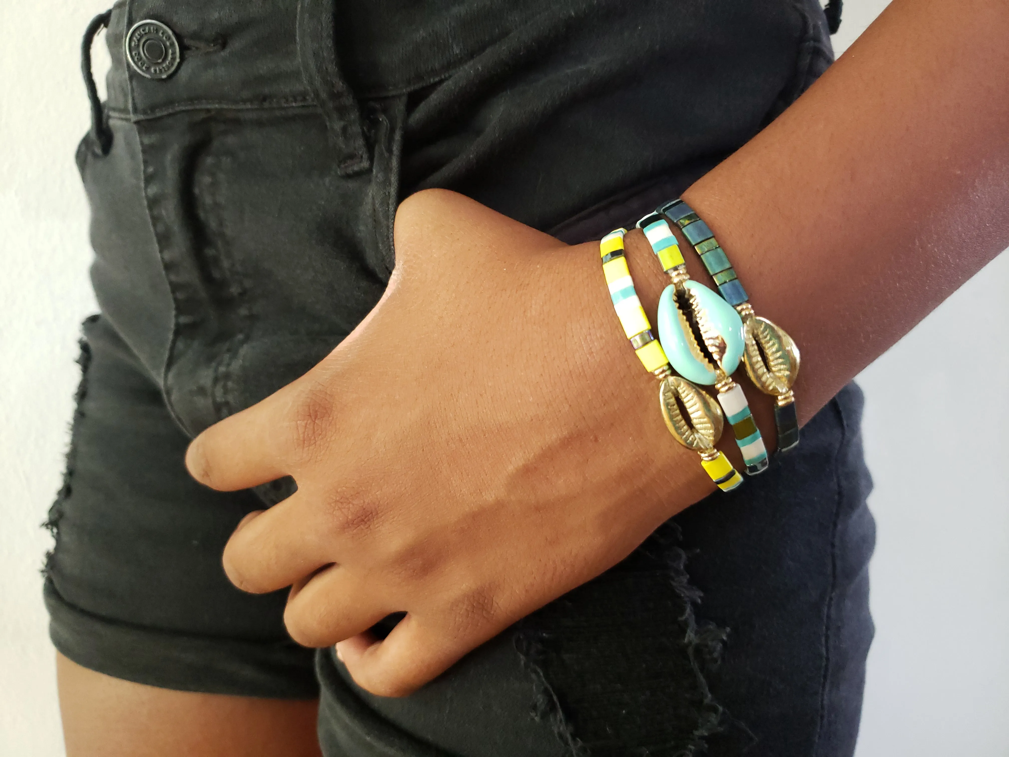 Light Turquoise Cowrie Shell Stretch Bracelet Set Of 3
